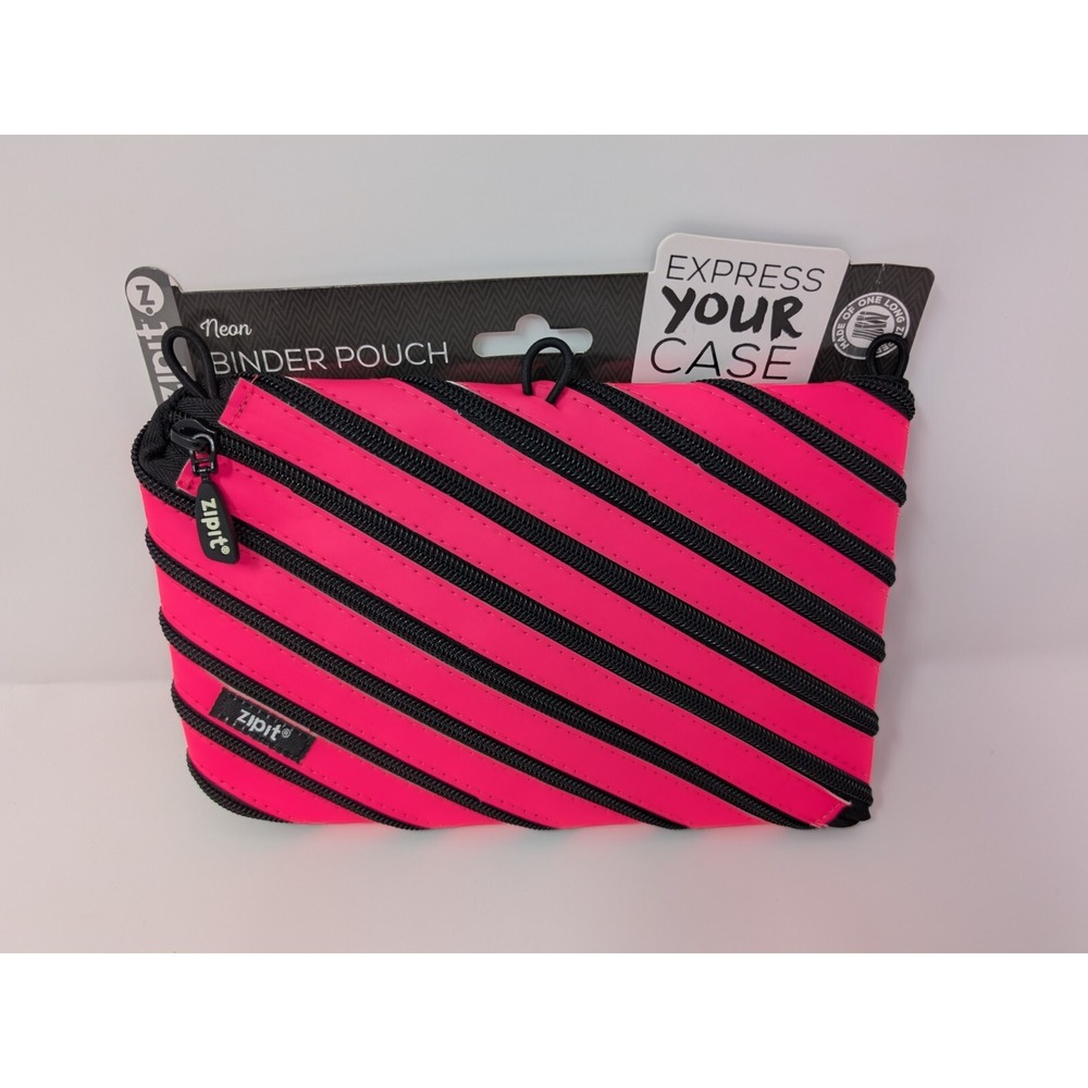Zipit 3-Ring Binder‎ Pouch Neon Pink Made Of One Long Zipper Pencil Case NEW
